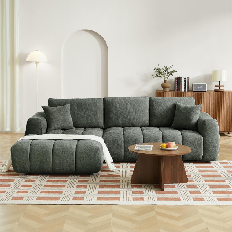 Feste linkes Ecksofa KEREA, 4-Sitzer, grüner Chenille-Stoff