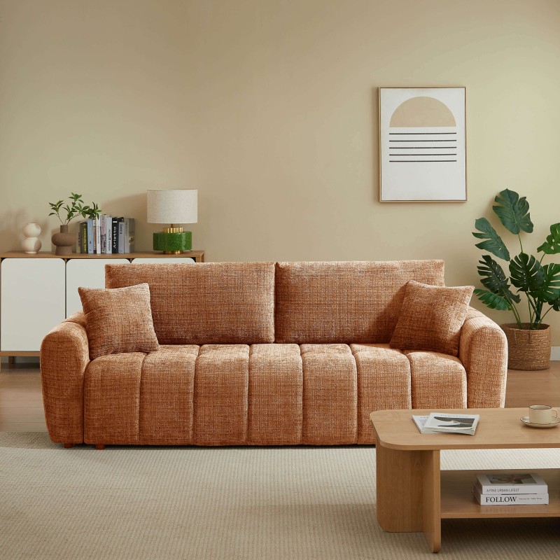 Canapé droit convertible JONEA 3 places tissu texturé terracotta