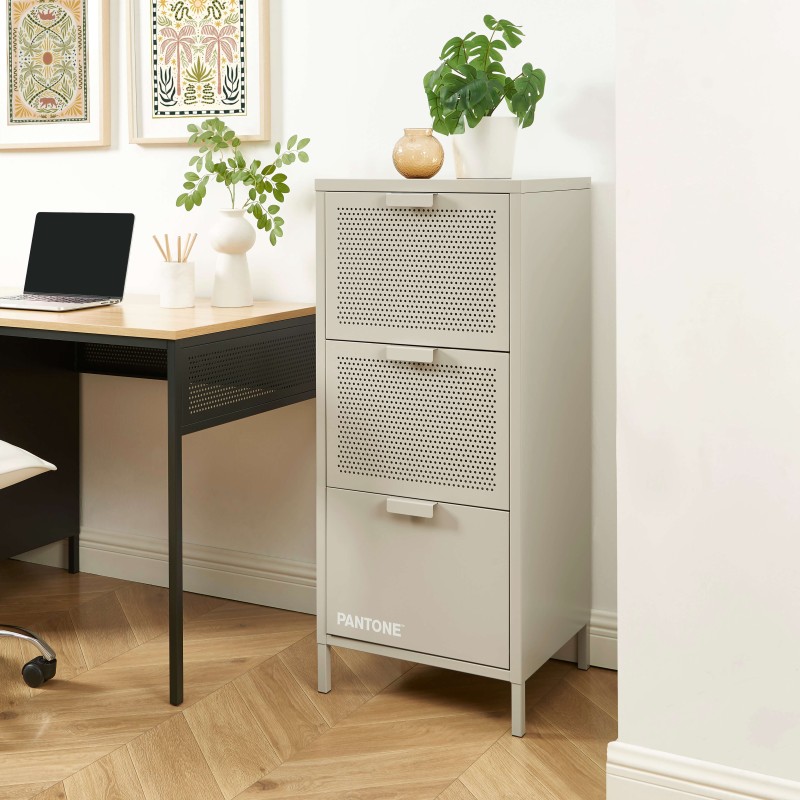 PANTONE-Schreibtischcontainer aus sandbeigem Metall, 3 Schubladen, H 105 cm