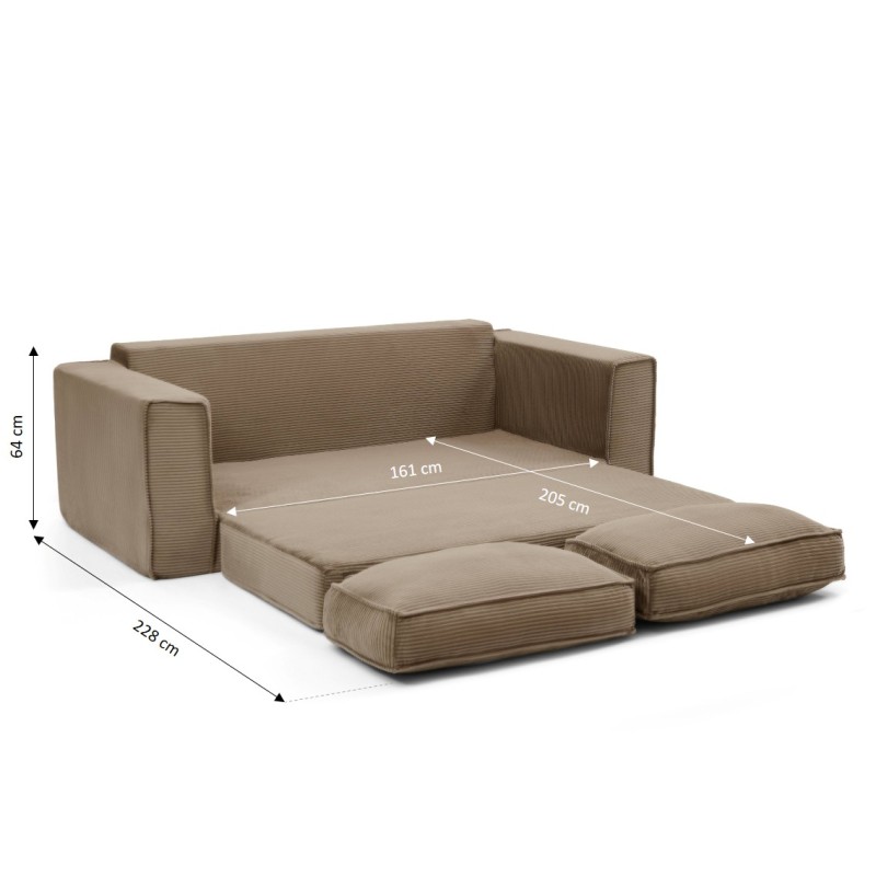 3-Sitzer-Sofa EREBUS, komprimiert und ausklappbar, mit „Déplimousse“-System, aus taupefarbenem Cord
