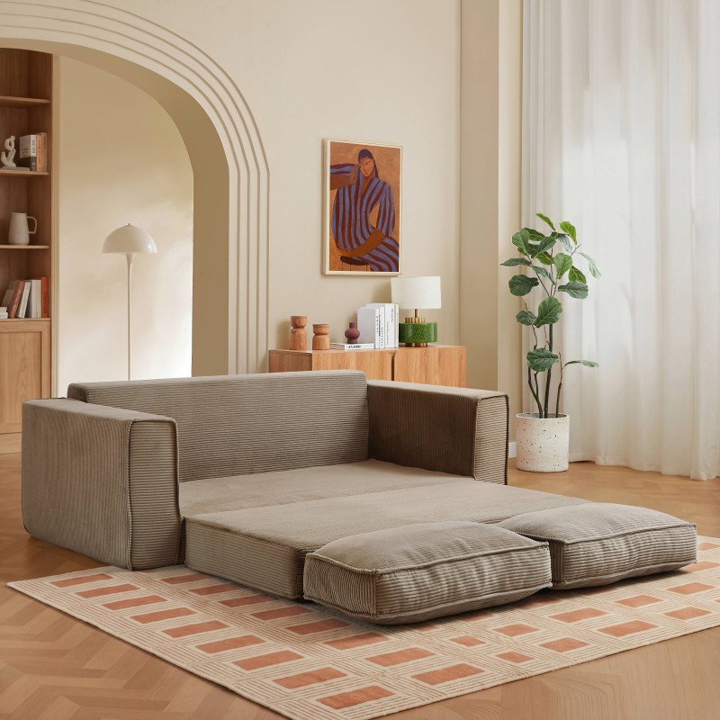 3-Sitzer-Sofa EREBUS, komprimiert und ausklappbar, mit „Déplimousse“-System, aus taupefarbenem Cord