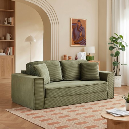 3-Sitzer-Sofa EREBUS, komprimiert und ausklappbar, mit „Déplimousse“-System, aus grünem Cord