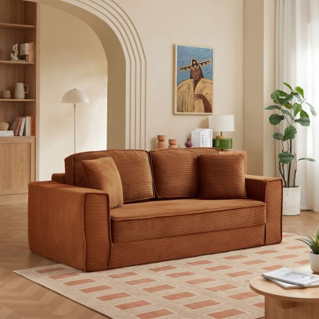 Gerades, komprimiertes und ausklappbares 3-Sitzer-Sofa EREBUS mit ausklappbarem Polster aus terrakottafarbenem Cord