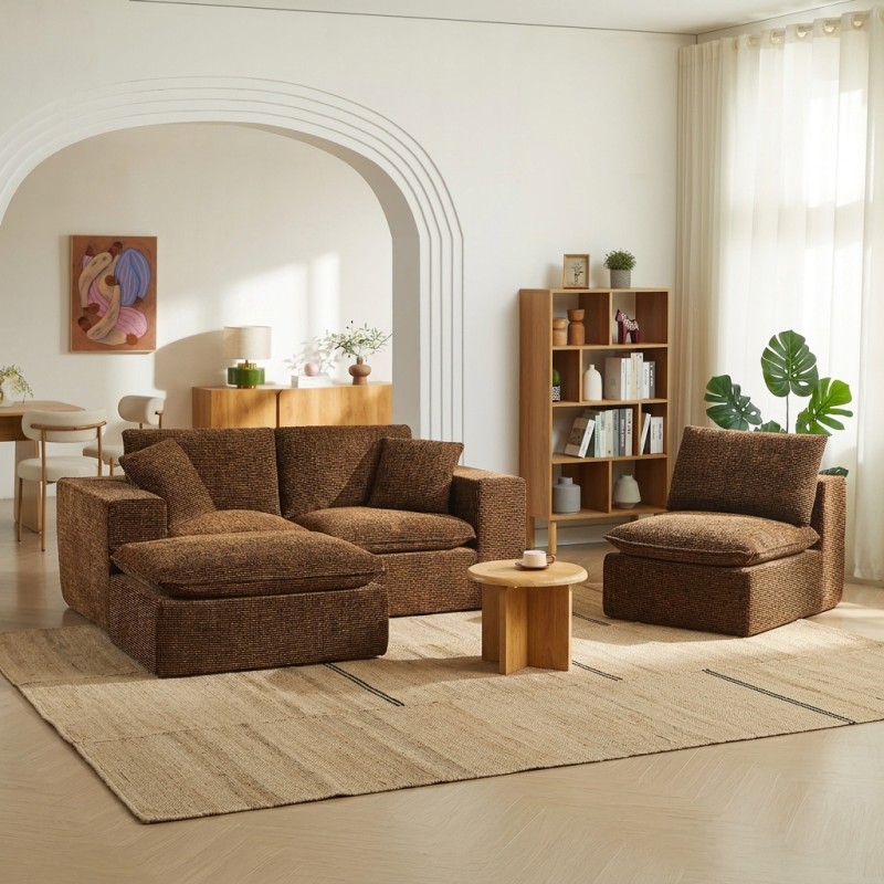 Canapé modulaire compressé KENA 4 places tissu bouclette zebré marron