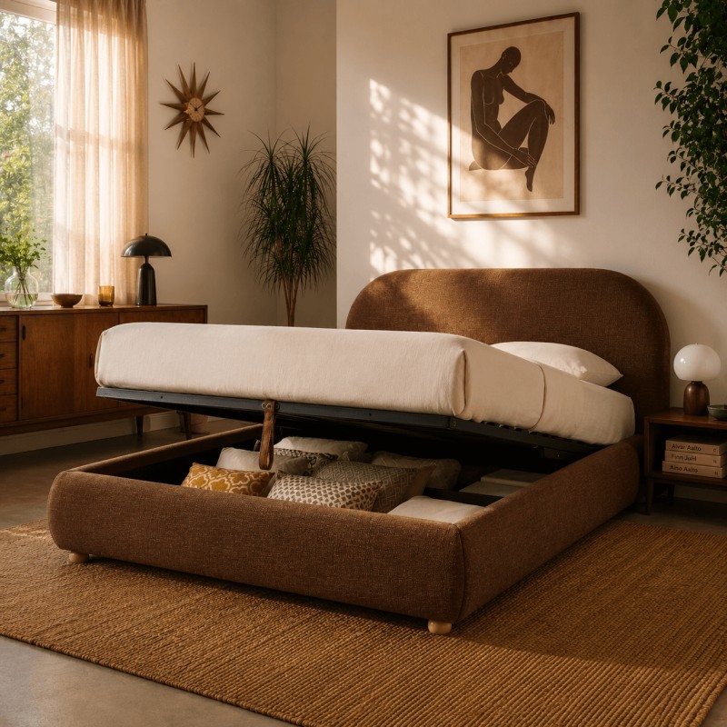 Bett mit Stauraum JELLY 140x190 aus braunem Bouclé-Stoff, inklusive Lattenrost