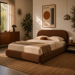 Bett mit Stauraum JELLY 140x190 aus braunem Bouclé-Stoff, inklusive Lattenrost