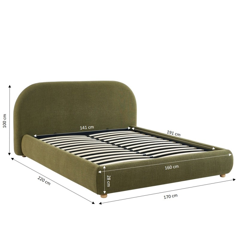 JELLY-Bett mit Stauraum 140x190 aus grünem Bouclé-Stoff, inklusive Lattenrost