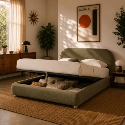 JELLY-Bett mit Stauraum 140x190 aus grünem Bouclé-Stoff, inklusive Lattenrost