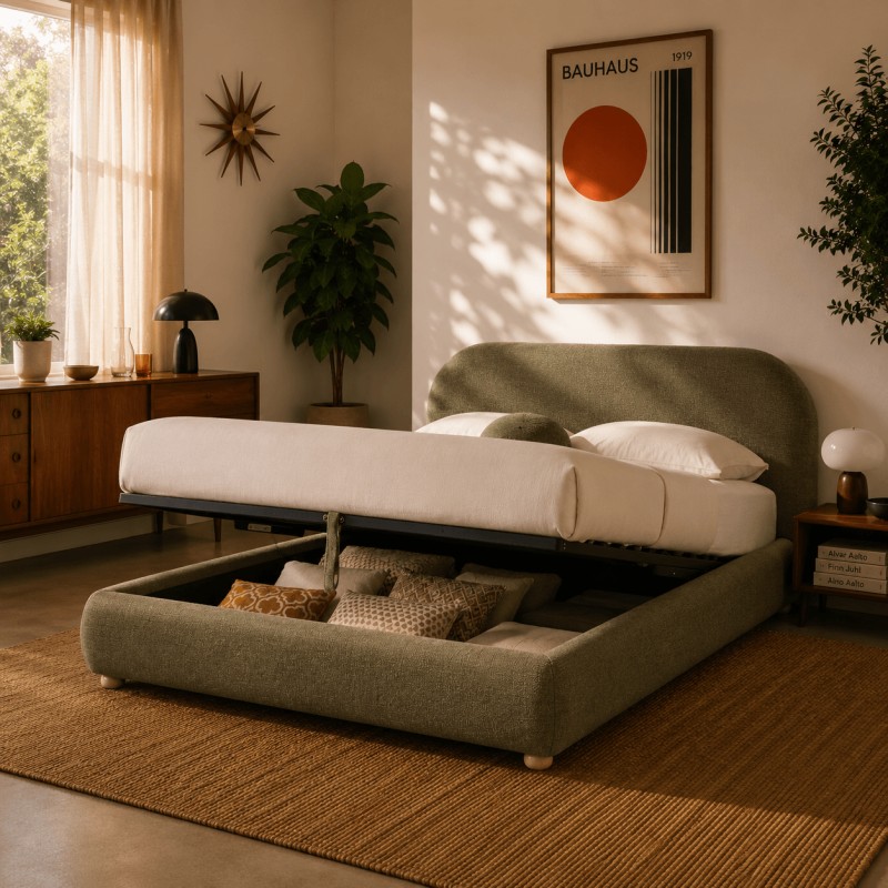 JELLY-Bett mit Stauraum 160x200, grüner Bouclé-Stoff, inklusive Lattenrost