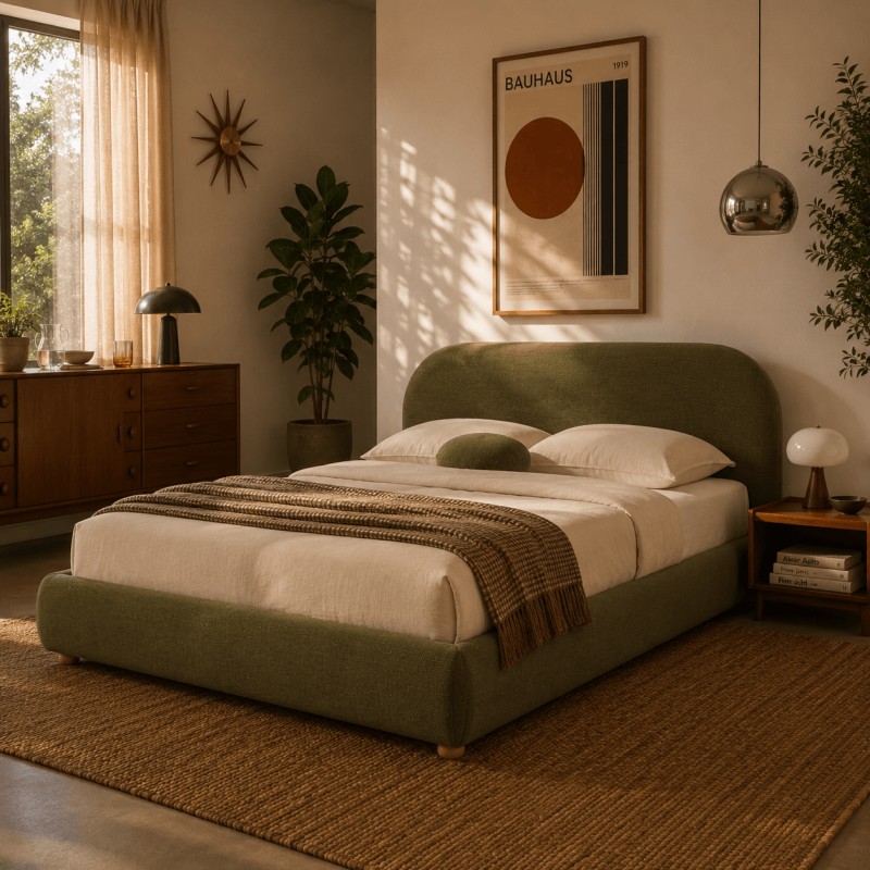 JELLY-Bett mit Stauraum 160x200, grüner Bouclé-Stoff, inklusive Lattenrost