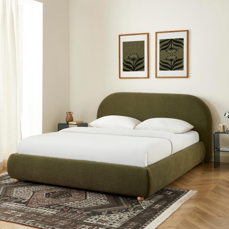 JELLY-Bett mit Stauraum 160x200, grüner Bouclé-Stoff, inklusive Lattenrost