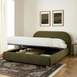 JELLY-Bett mit Stauraum 160x200, grüner Bouclé-Stoff, inklusive Lattenrost