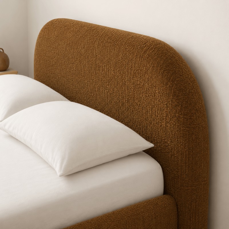 JELLY-Bett mit Stauraum 160x200, Bouclé-Stoff in Ocker, inklusive Lattenrost