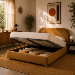 JELLY-Bett mit Stauraum 160x200, Bouclé-Stoff in Ocker, inklusive Lattenrost