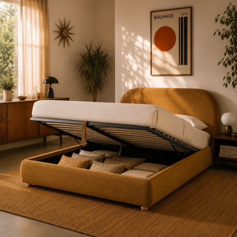 JELLY-Bett mit Stauraum 160x200, Bouclé-Stoff in Ocker, inklusive Lattenrost