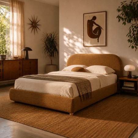 JELLY-Bett mit Stauraum 160x200, Bouclé-Stoff in Ocker, inklusive Lattenrost