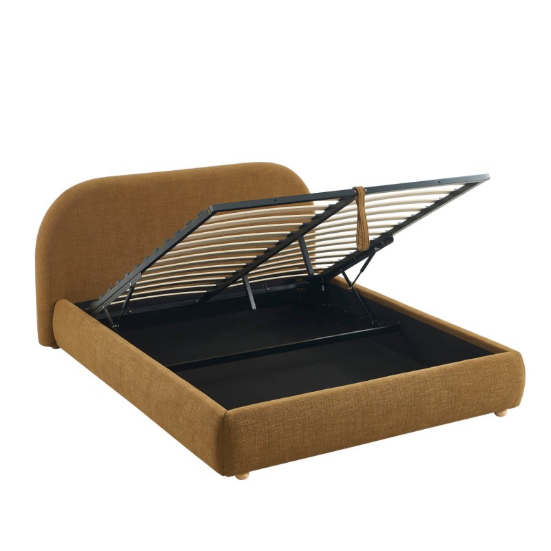 JELLY-Bett mit Stauraum 160x200, Bouclé-Stoff in Ocker, inklusive Lattenrost