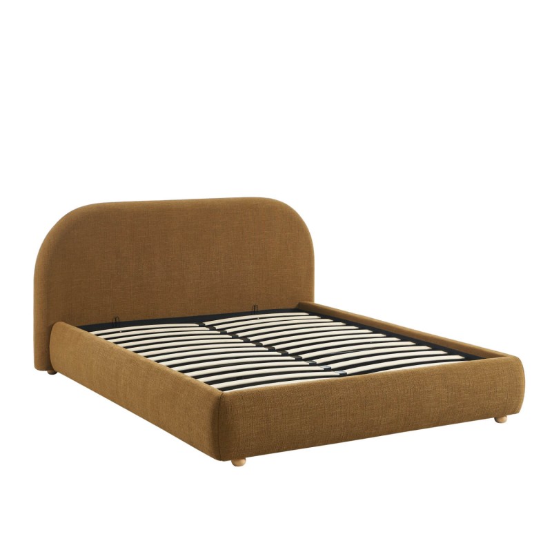 JELLY-Bett mit Stauraum 160x200, Bouclé-Stoff in Ocker, inklusive Lattenrost