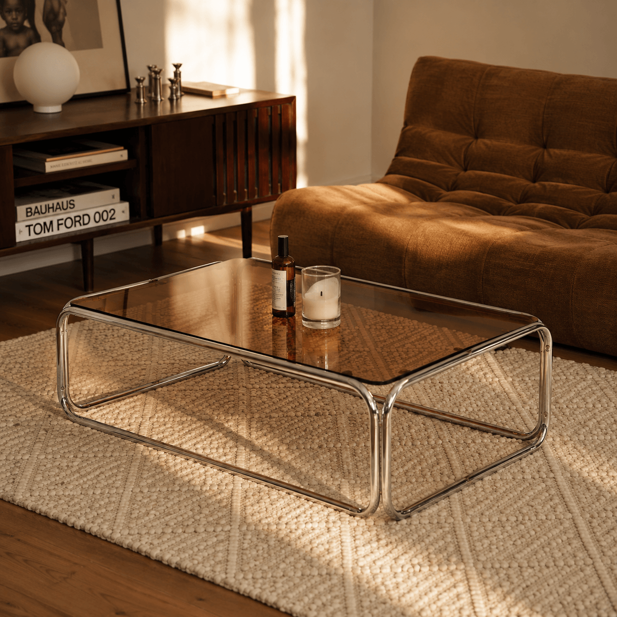Couchtisch MAGGY aus dunkelorangefarbenem Hartglas mit Chromgestell