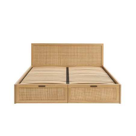 Lit à tiroirs AMANA effet chêne et cannage rotin 140x190 sommier inclus