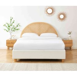 Lit coffre TSUKI bouclette écru et cannge sommier 160x200 inclus
