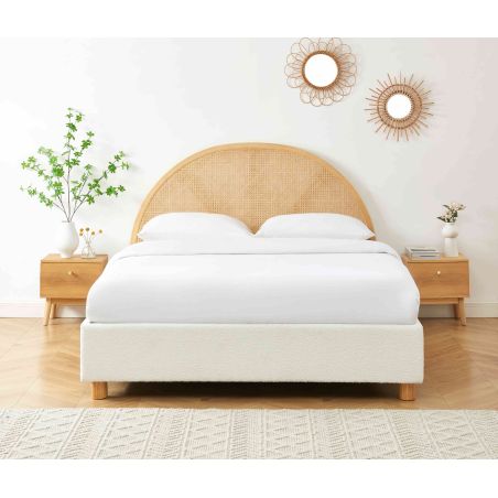 Lit coffre TSUKI bouclette écru et cannge sommier 160x200 inclus