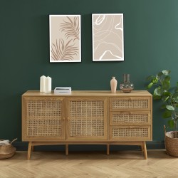 Buffet INES effet chêne et cannage rotin 150cm