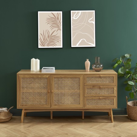 Buffet INES effet chêne et cannage rotin 150cm