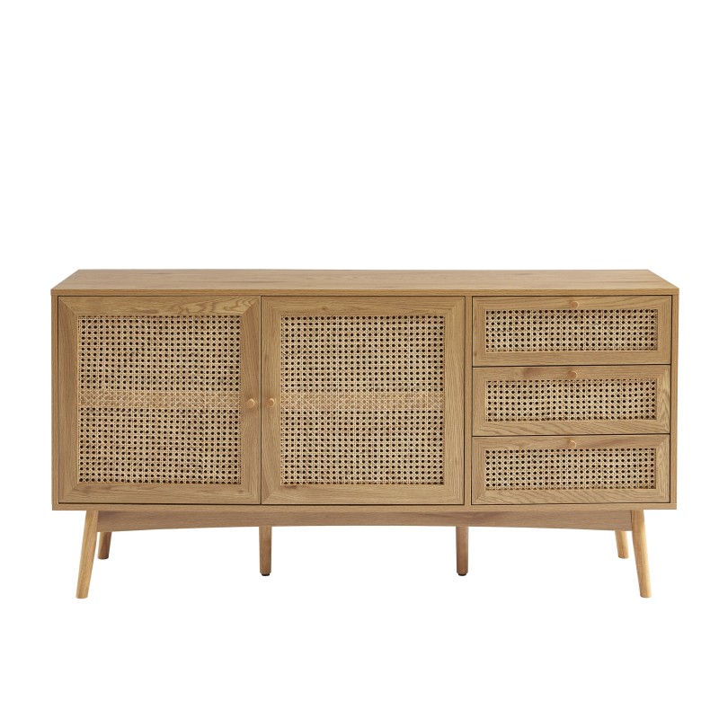 Buffet INES effet chêne et cannage rotin 150cm