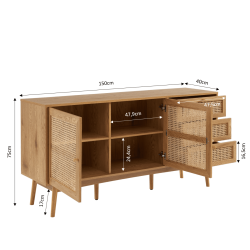 Buffet INES effet chêne et cannage rotin 150cm