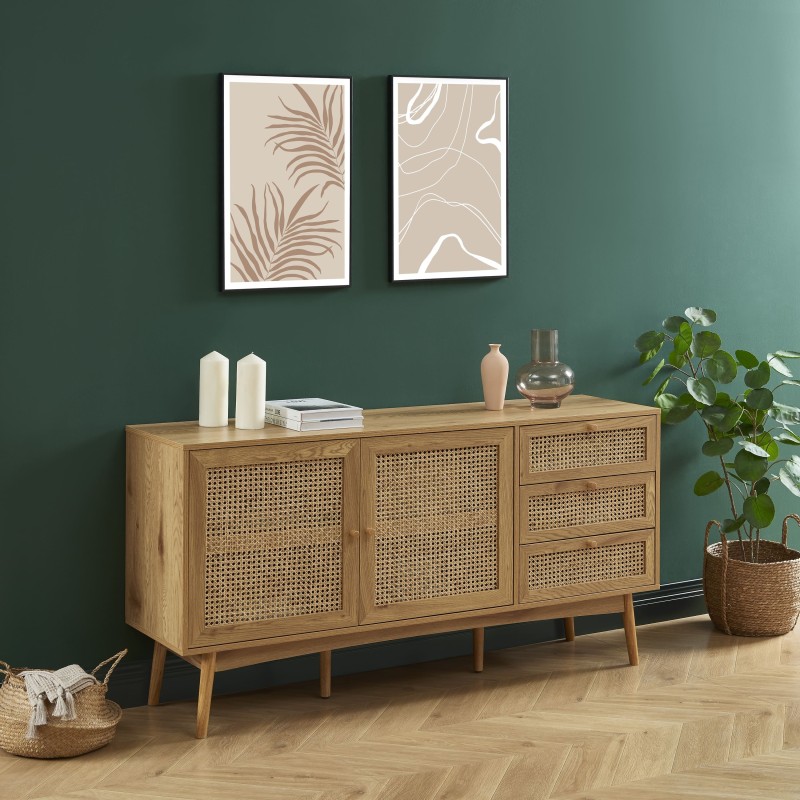 Buffet INES effet chêne et cannage rotin 150cm