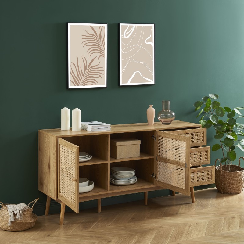 Buffet INES effet chêne et cannage rotin 150cm