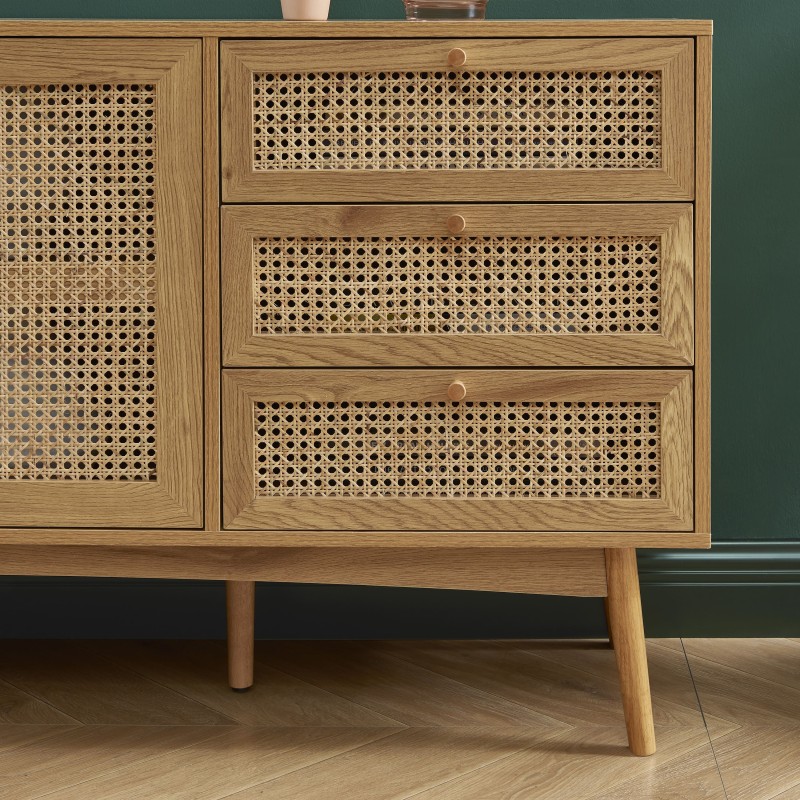 Buffet INES effet chêne et cannage rotin 150cm