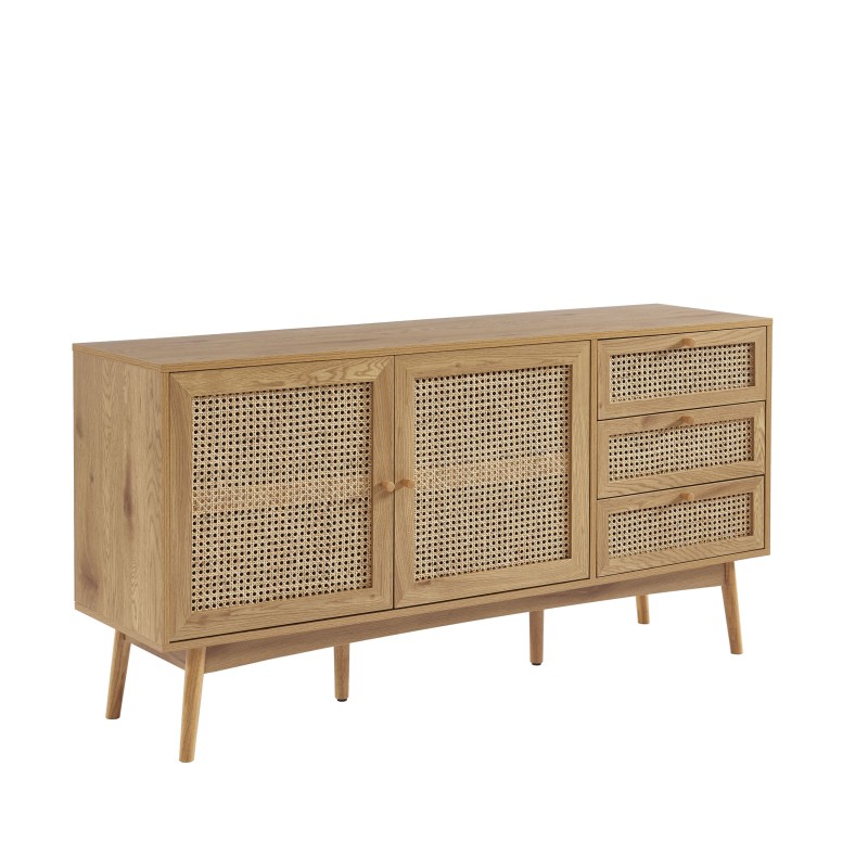 Buffet INES effet chêne et cannage rotin 150cm