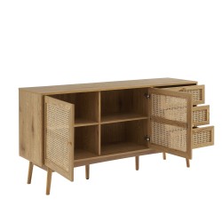 Buffet INES effet chêne et cannage rotin 150cm