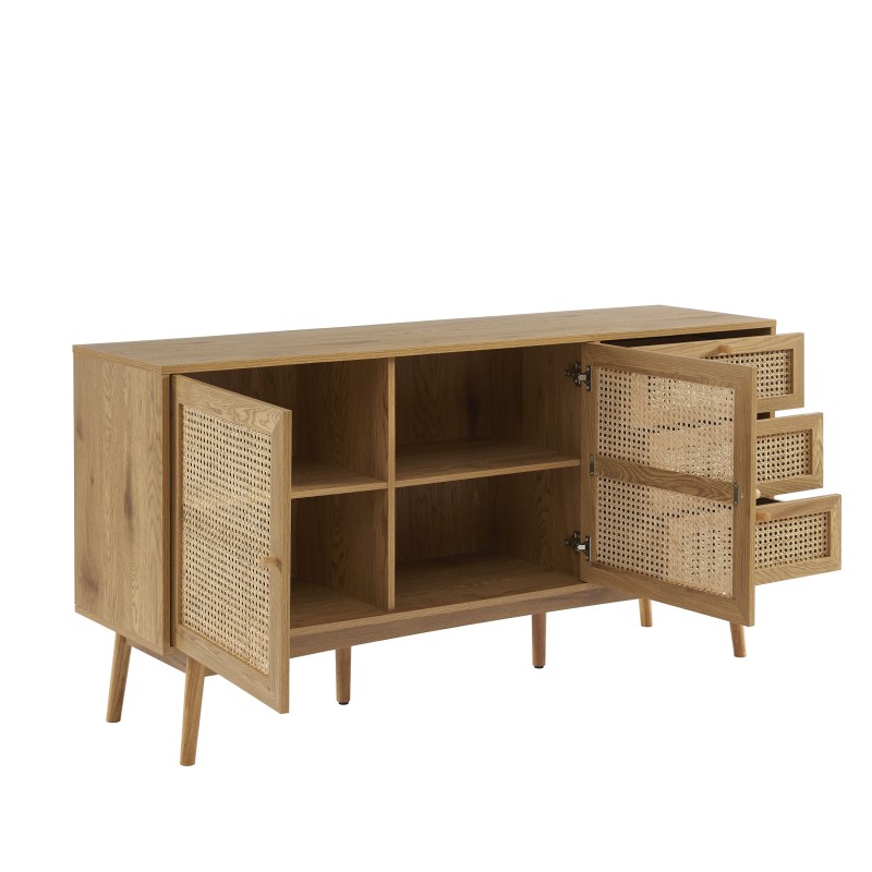 Buffet INES effet chêne et cannage rotin 150cm