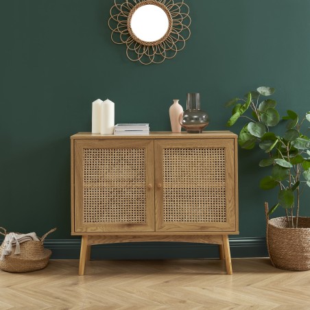 Buffet INES effet chêne et cannage rotin 90cm