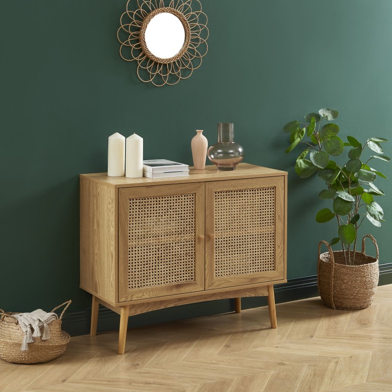 Buffet INES effet chêne et cannage rotin 90cm