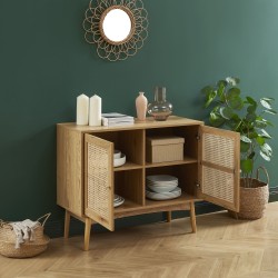 Buffet INES effet chêne et cannage rotin 90cm