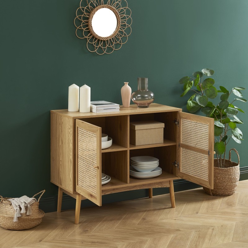 Buffet INES effet chêne et cannage rotin 90cm