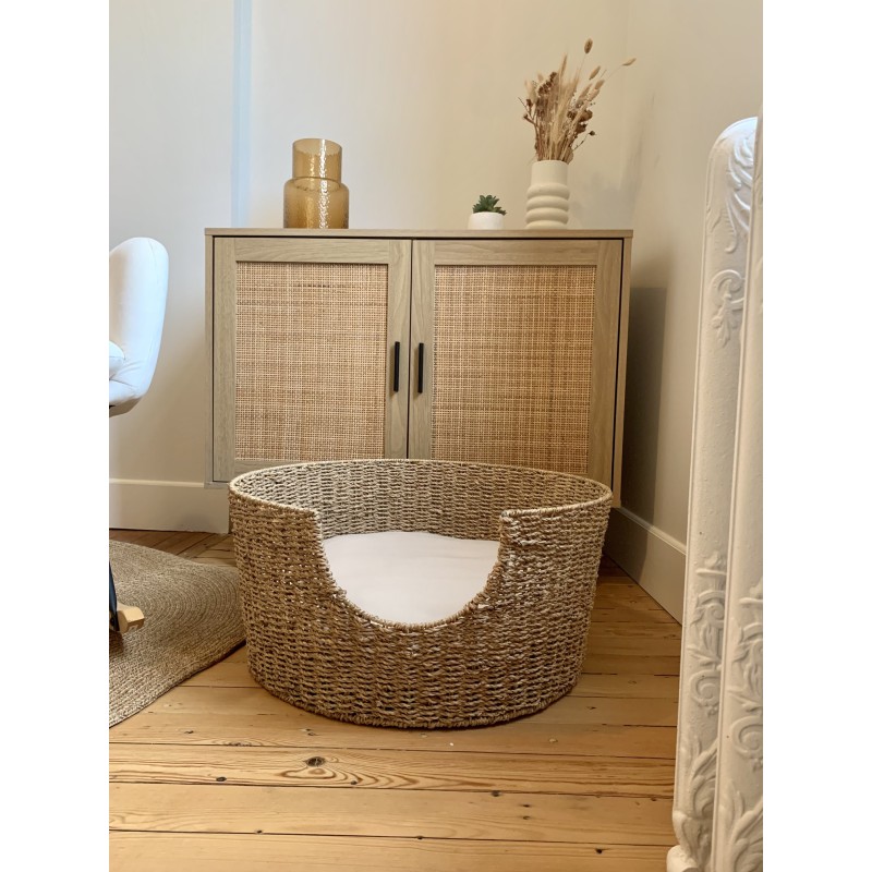 Panier rond  ATHENA pour chien et chat en jonc de mer coussin écru