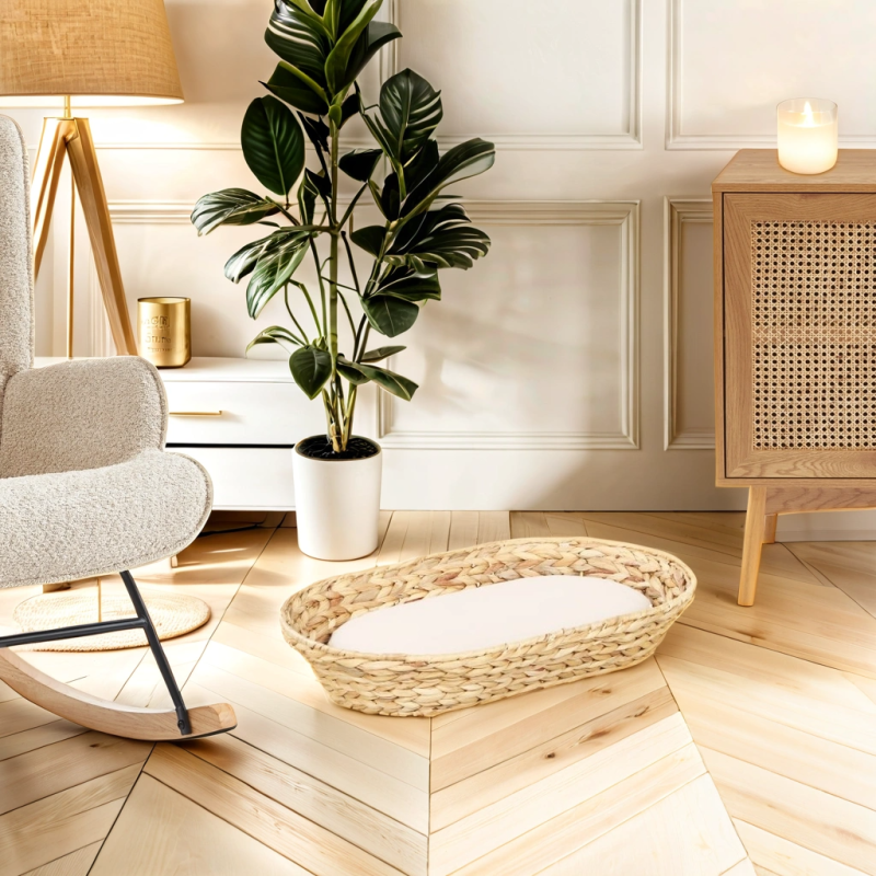 Panier ovale HELIOS pour chien et chat en jacinthe d'eau coussin écru