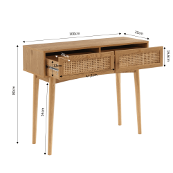 Console INES effet chêne et cannage rotin 100cm