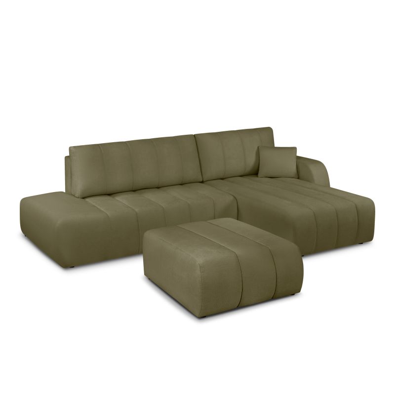 Canapé d'angle droit BELEM convertible tissu chenille vert kaki 4 places