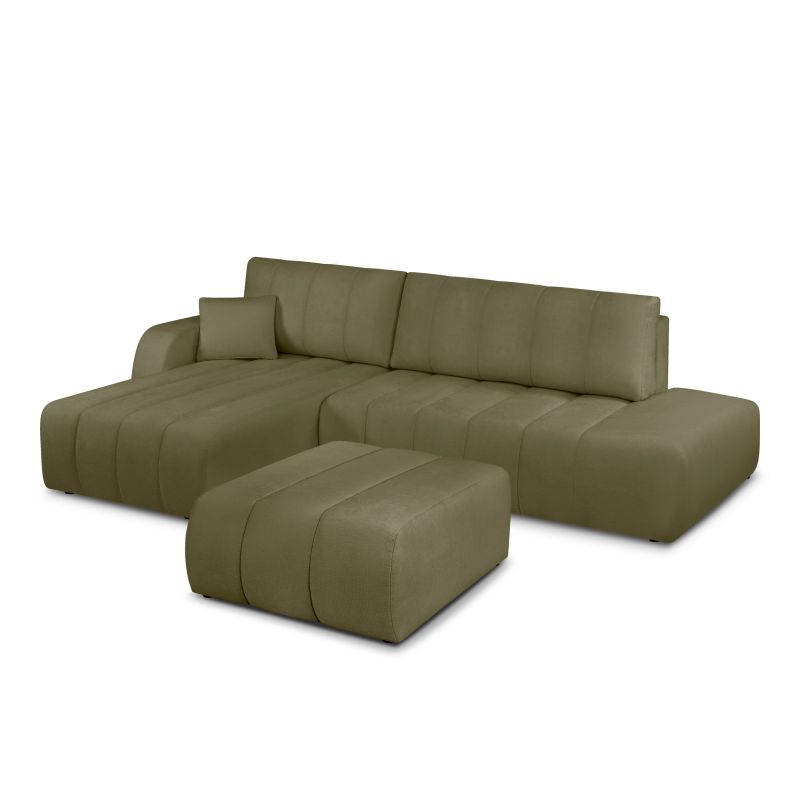 Canapé d'angle gauche BELEM convertible tissu chenille vert kaki 4 places