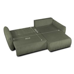 Canapé d'angle GLORIA convertible velours côtelé vert sauge 4 places