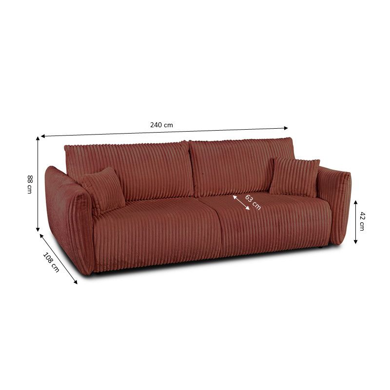 Canapé droit GLORIA convertible velours côtelé terracotta 3 places
