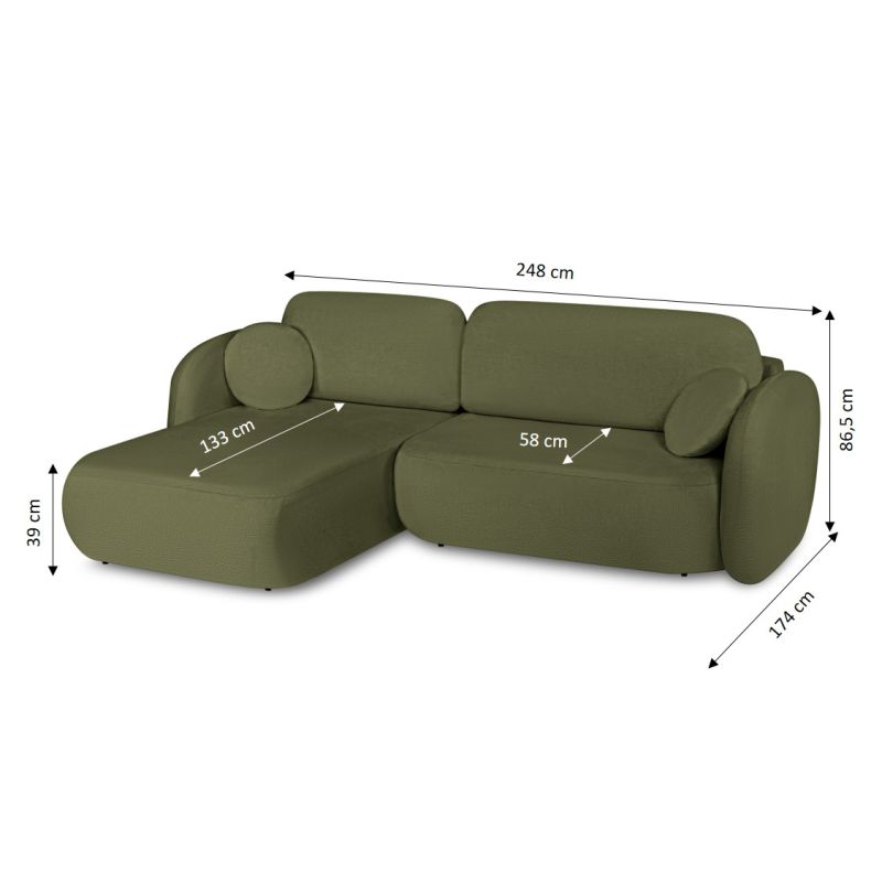 Canapé d'angle gauche convertible CARLOTTA 4 places tissu chenille vert kaki