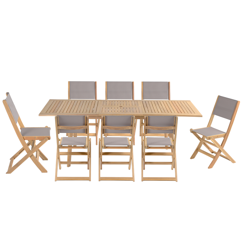 Ensemble table et 8 chaises MOLA 160/220cm bois d'acacia et textilène
