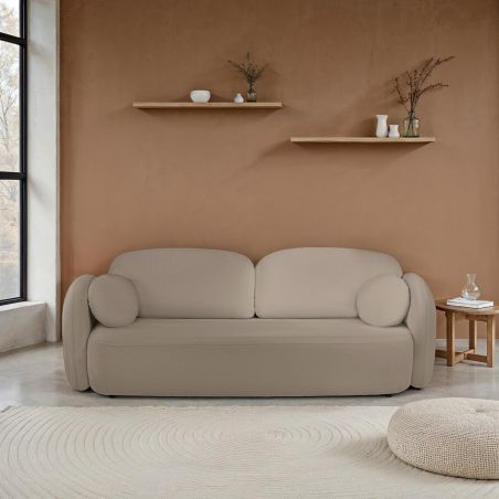 Canapé droit CARLOTTA convertible tissu bouclette taupe 3 places